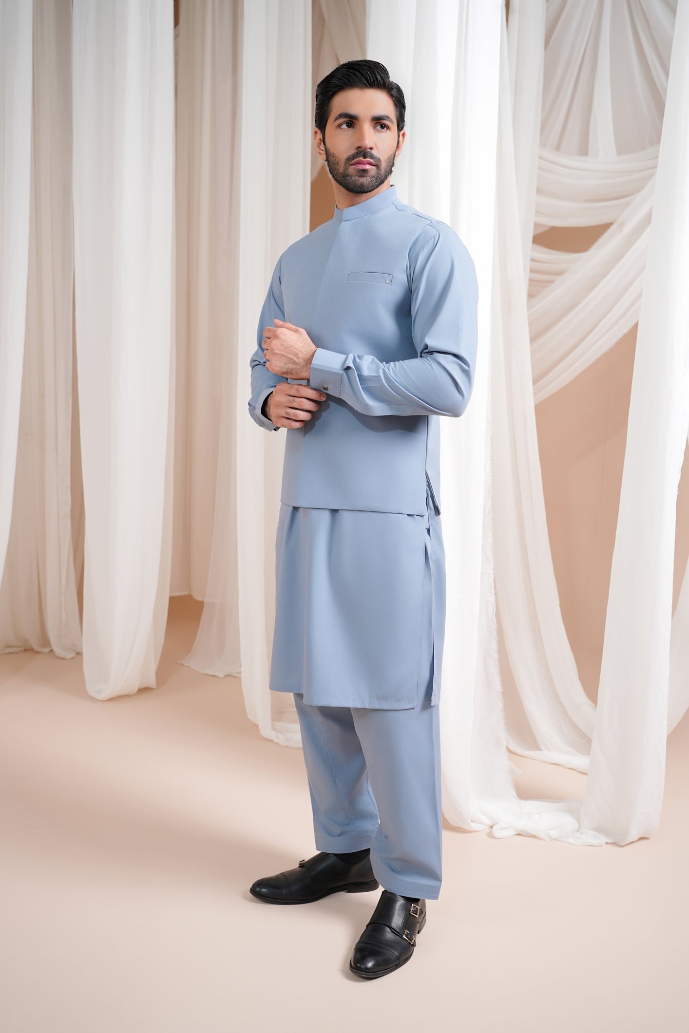 Sapphire Blue Luxury Blended Waistcoat Kurta (3-Piece) - Image 1