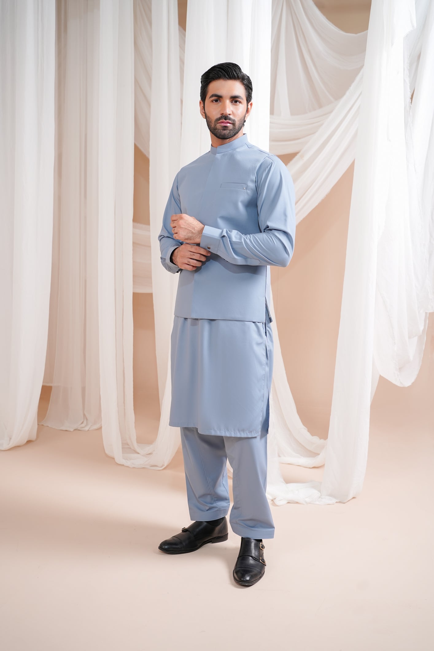 Sapphire Blue Luxury Blended Waistcoat Kurta (3-Piece) - Image 2