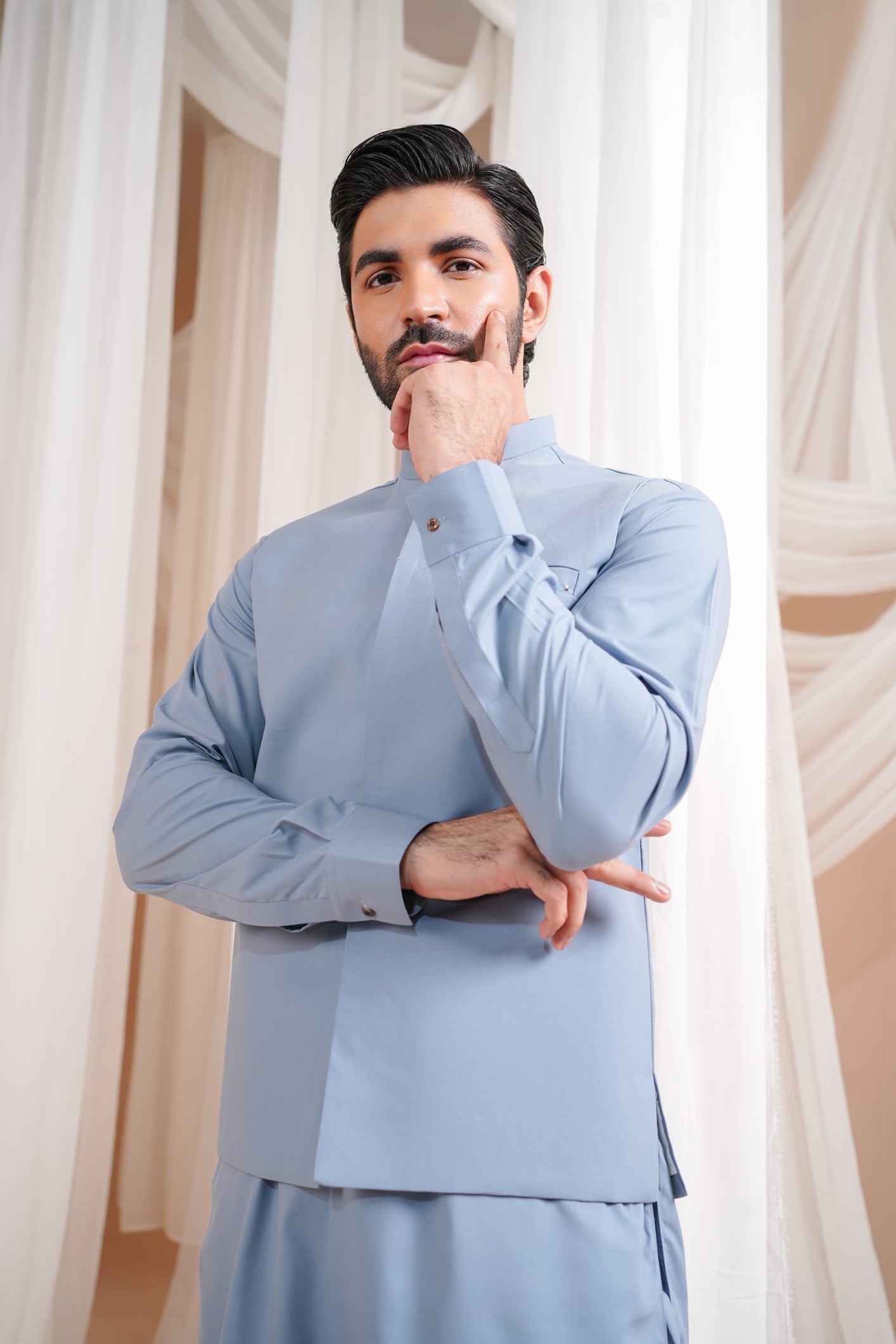 Sapphire Blue Luxury Blended Waistcoat Kurta (3-Piece) - Image 3