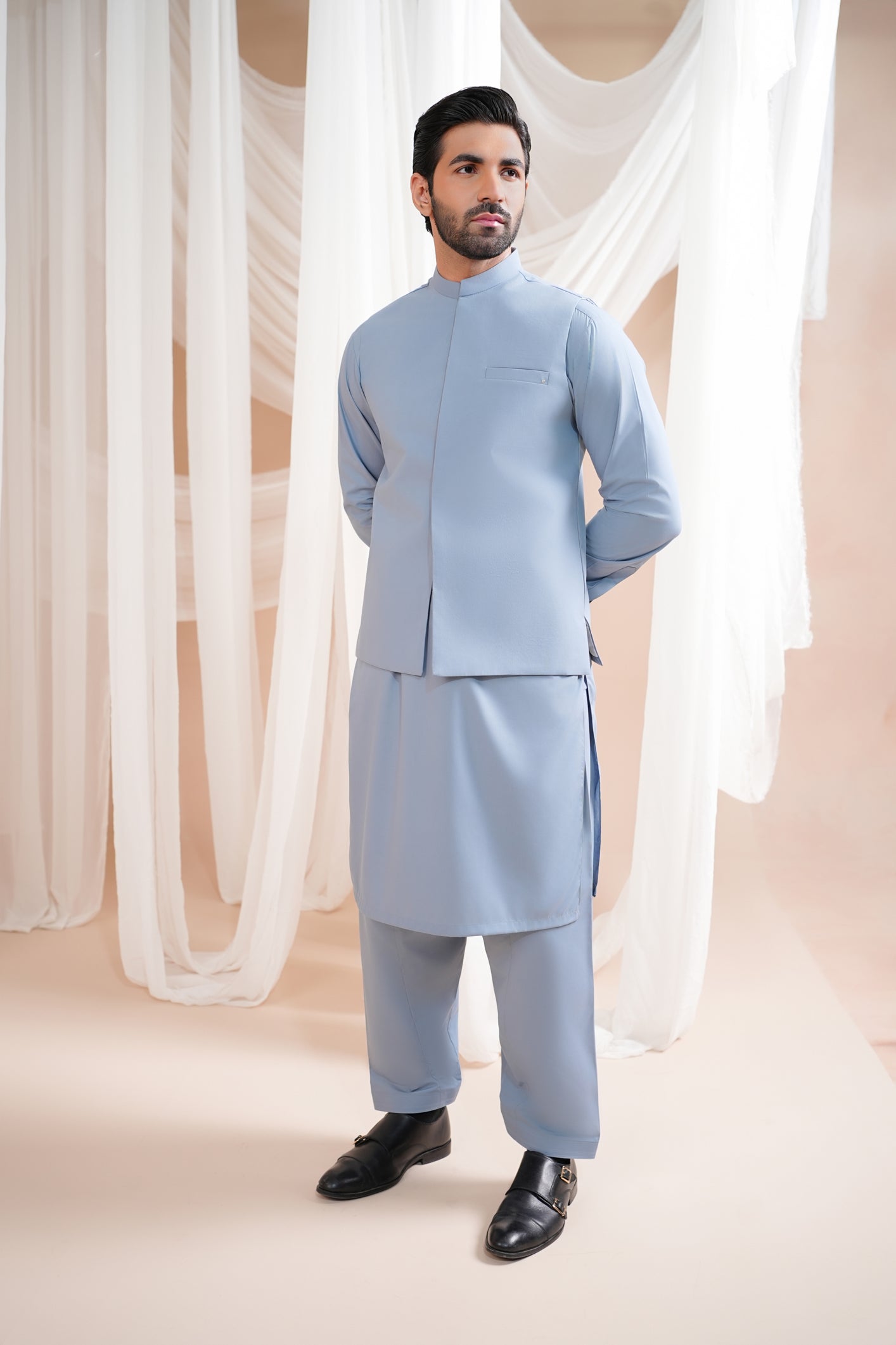 Sapphire Blue Blended Waistcoat Kurta Set (3-Piece) - Image 1