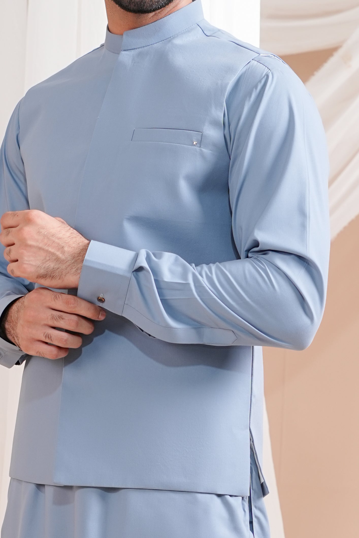 Sapphire Blue Blended Waistcoat Kurta Set (3-Piece) - Image 2