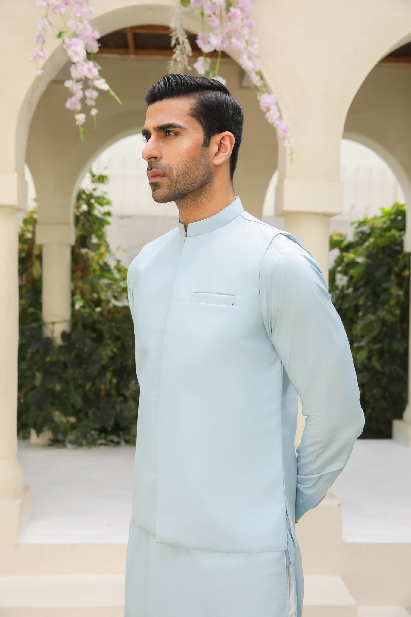 Sky Blue Minimalist Blended Waistcoat Kurta (3-Piece) - Image 1