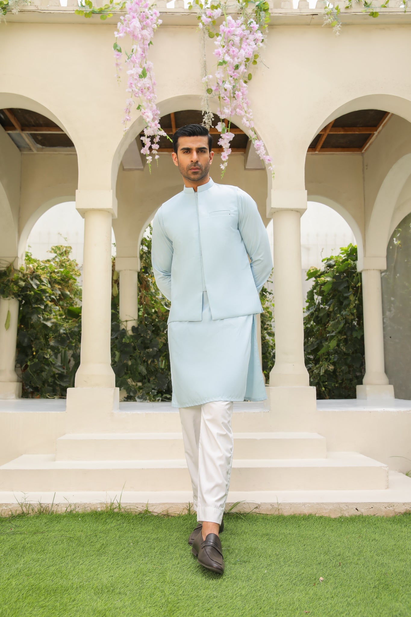 Sky Blue Minimalist Blended Waistcoat Kurta (3-Piece) - Image 4