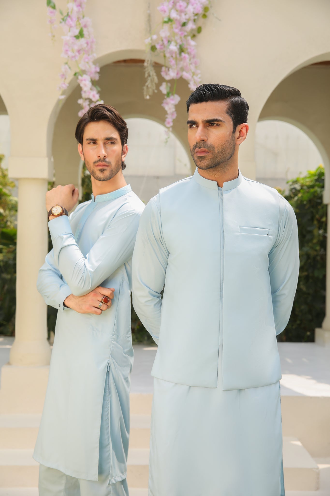 Sky Blue Minimalist Blended Waistcoat Kurta (3-Piece) - Image 5