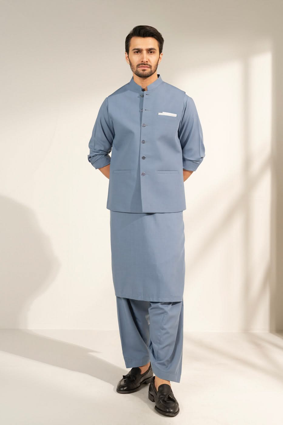 Sky Blue Blended Fabric Waistcoat Kurta Set (3-Piece) - Image 1