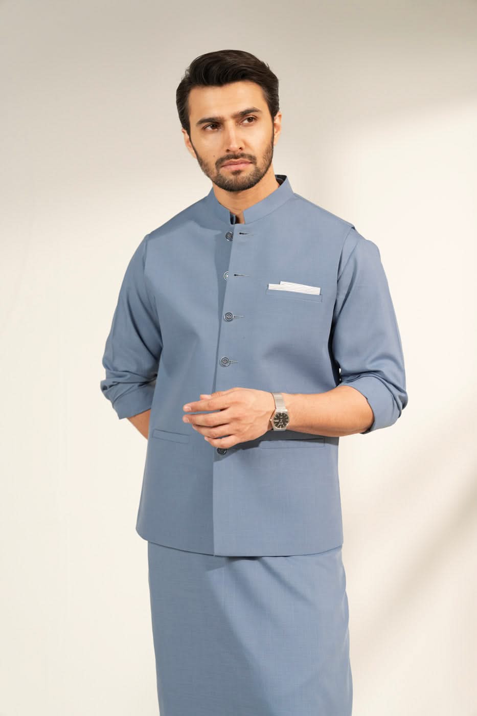 Sky Blue Blended Fabric Waistcoat Kurta Set (3-Piece) - Image 2