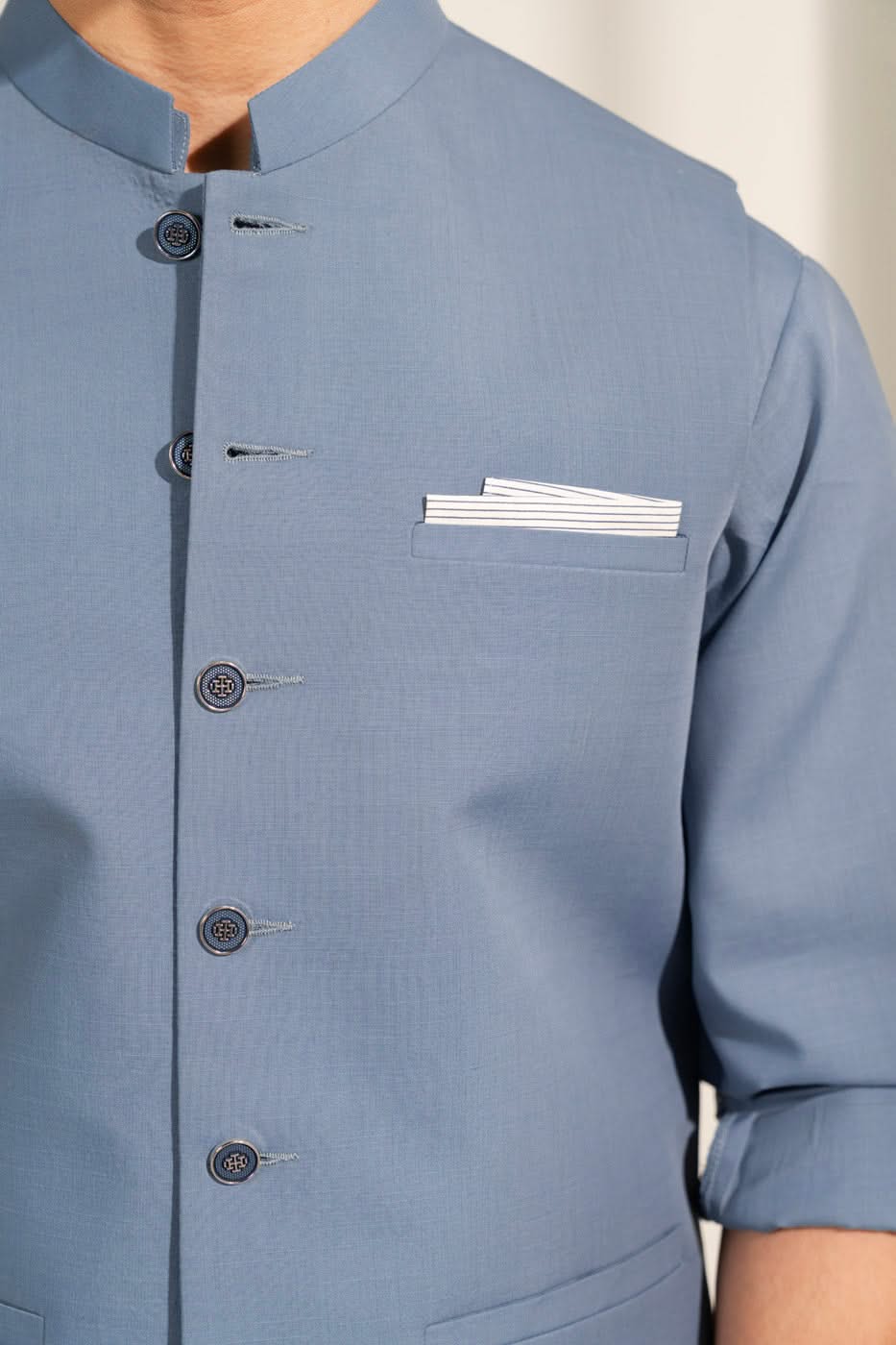 Sky Blue Blended Fabric Waistcoat Kurta Set (3-Piece) - Image 3