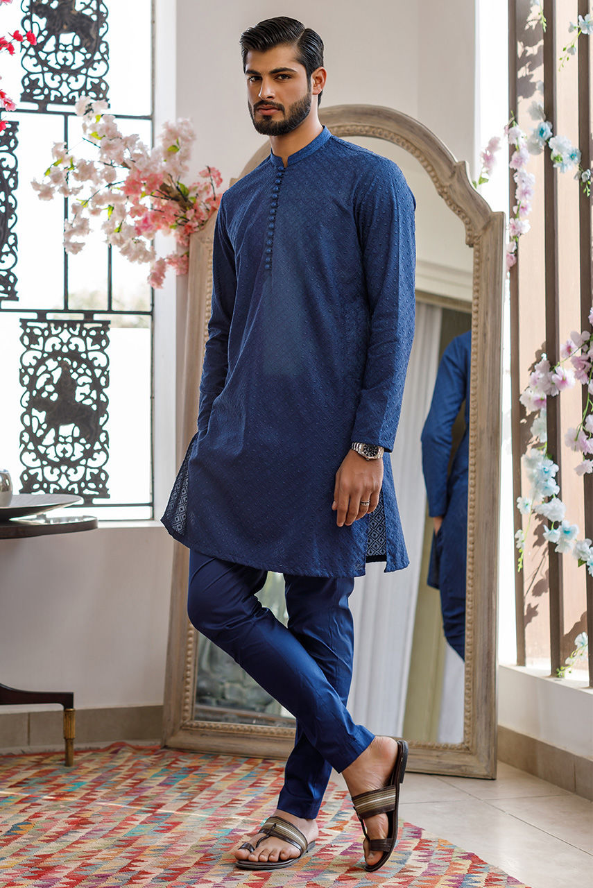 Blue Embroidered Cotton Waistcoat Kurta Set (3-Piece) - Image 12