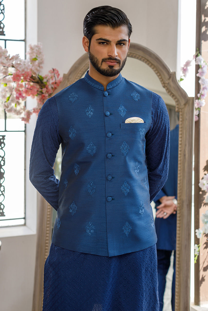 Blue Embroidered Cotton Waistcoat Kurta Set (3-Piece) - Image 5