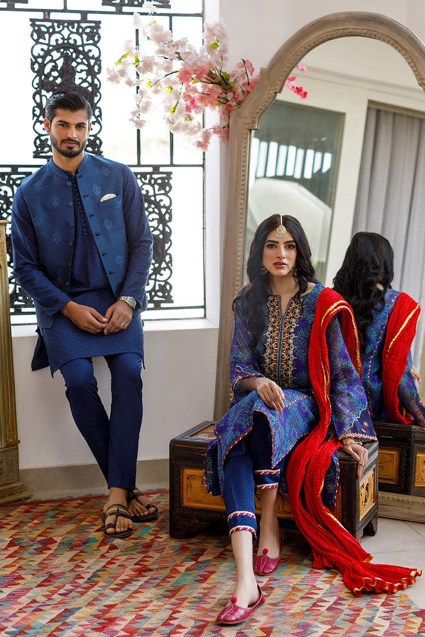 Blue Embroidered Cotton Waistcoat Kurta Set (3-Piece) - Image 7
