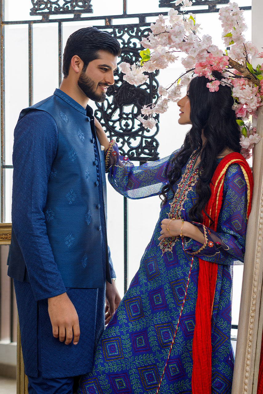 Blue Embroidered Cotton Waistcoat Kurta Set (3-Piece) - Image 8