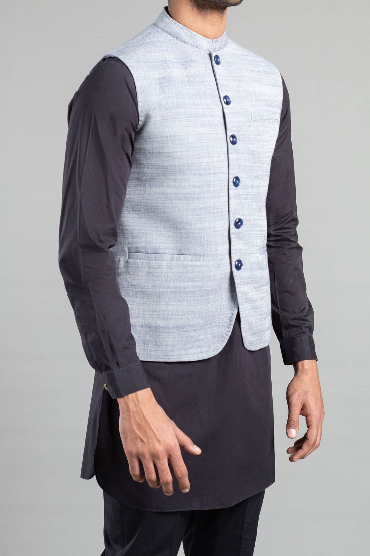 Sky Blue Cotton-Linen Waistcoat Kurta Set (3-Piece) - Image 3