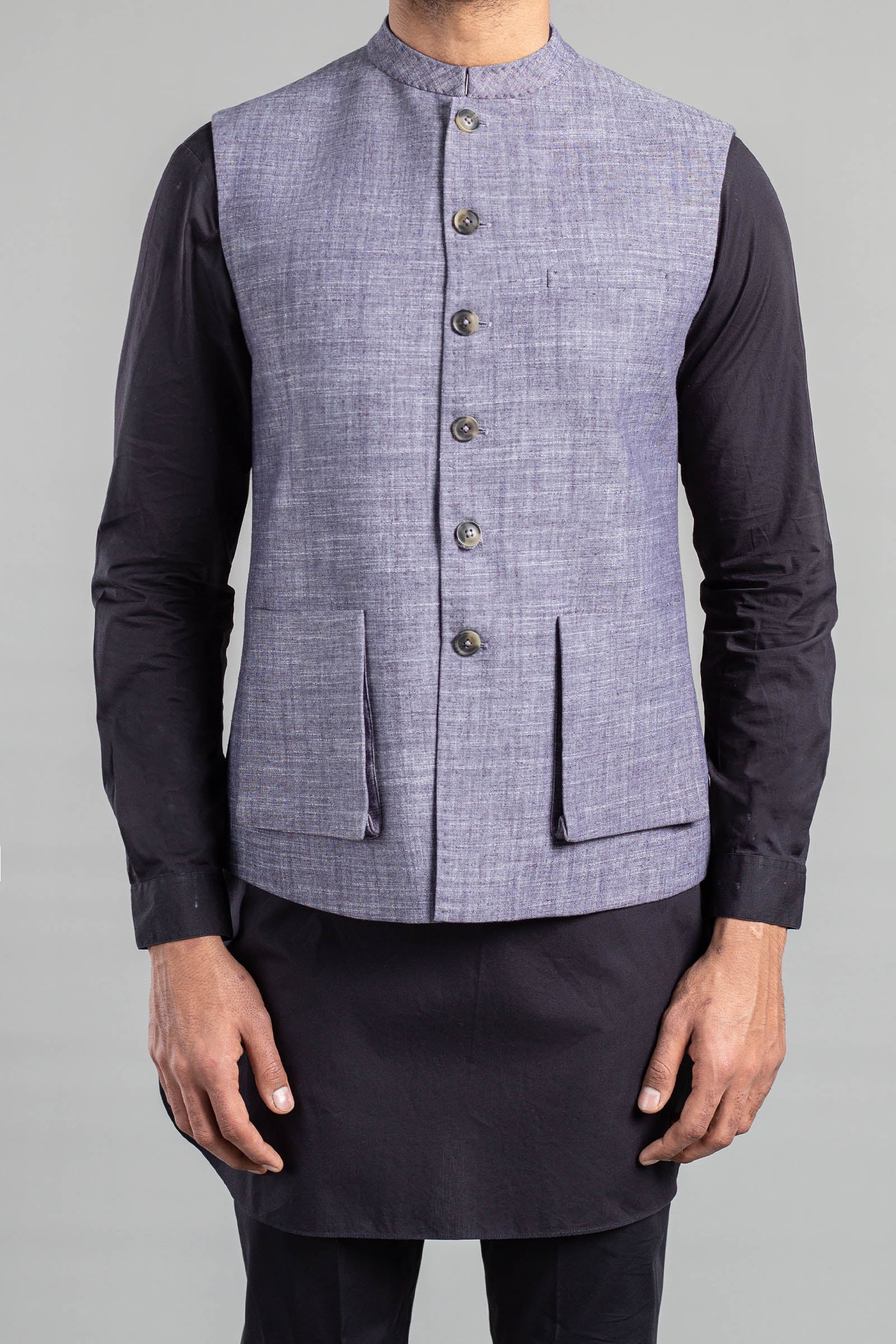 Blue Cotton-Linen Mandarin Collar Waistcoat (1-Pc) - Image 1
