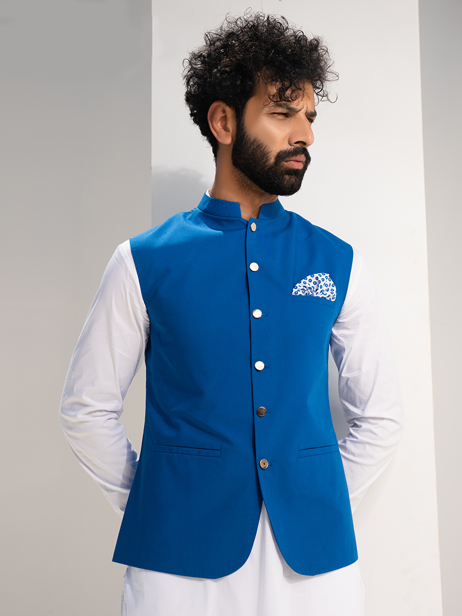 Royal Blue Cotton Waistcoat with Gold Buttons (3-Piece) - Image 1