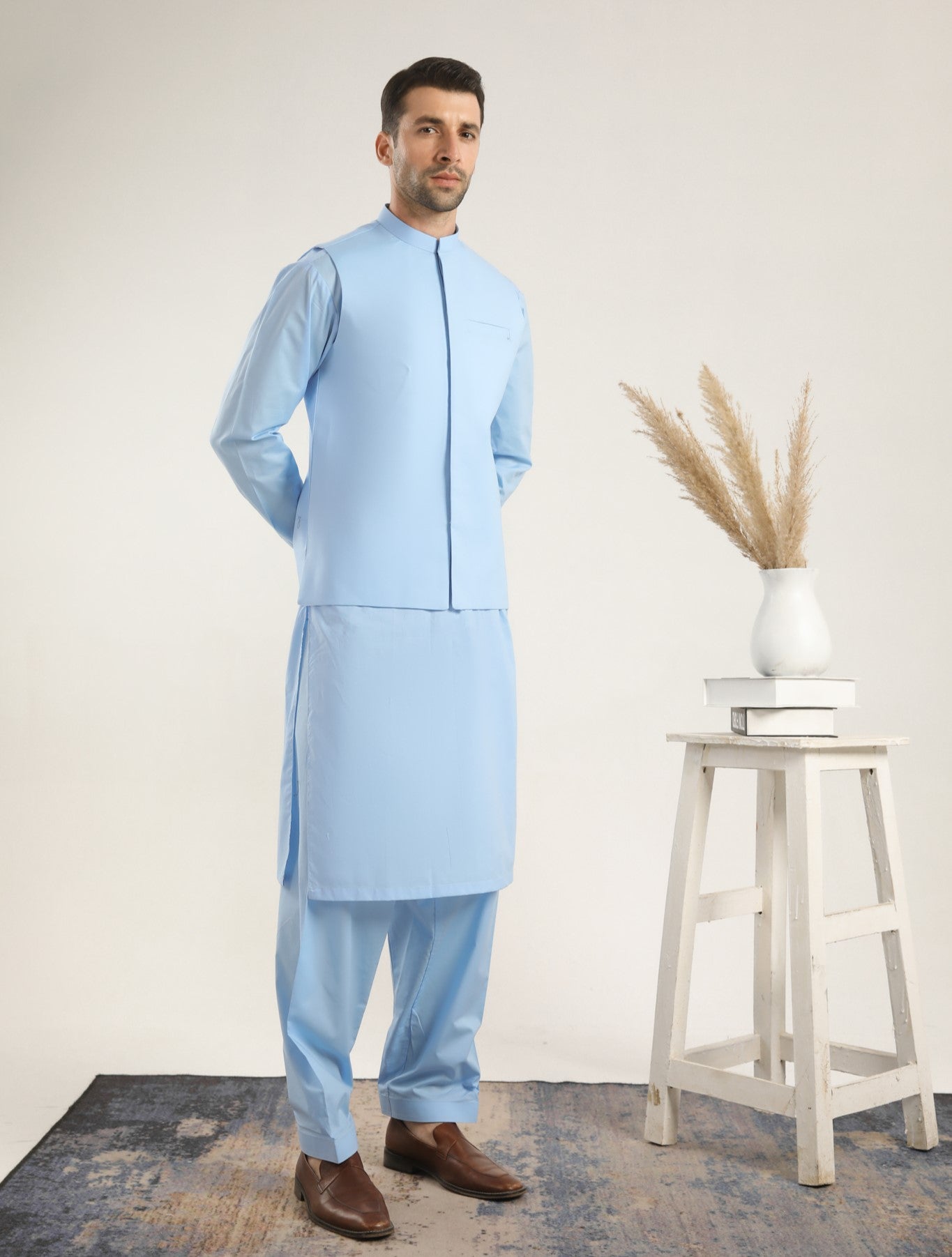 Sky Blue Cotton Waistcoat Kurta Shalwar (3-Piece) - Image 1