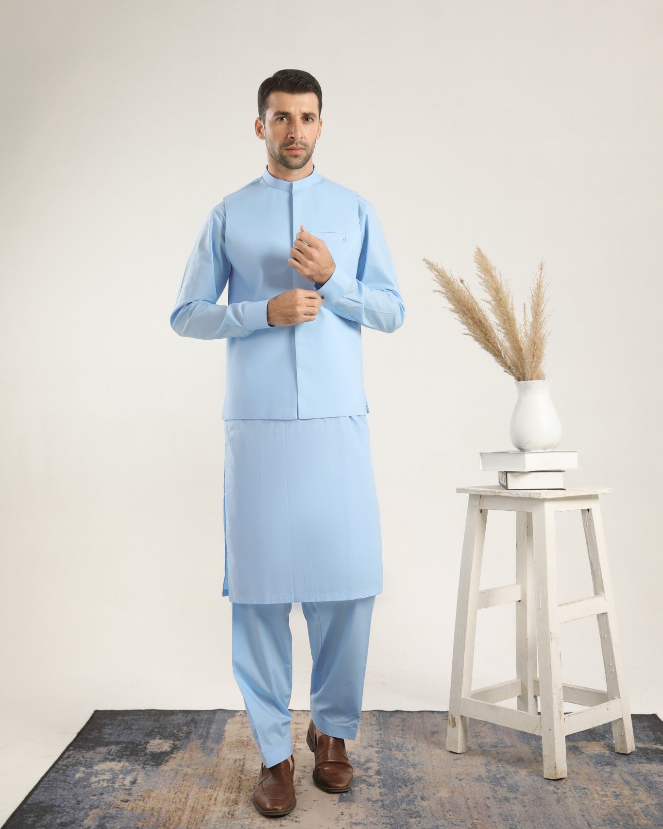 Sky Blue Cotton Waistcoat Kurta Shalwar (3-Piece) - Image 2