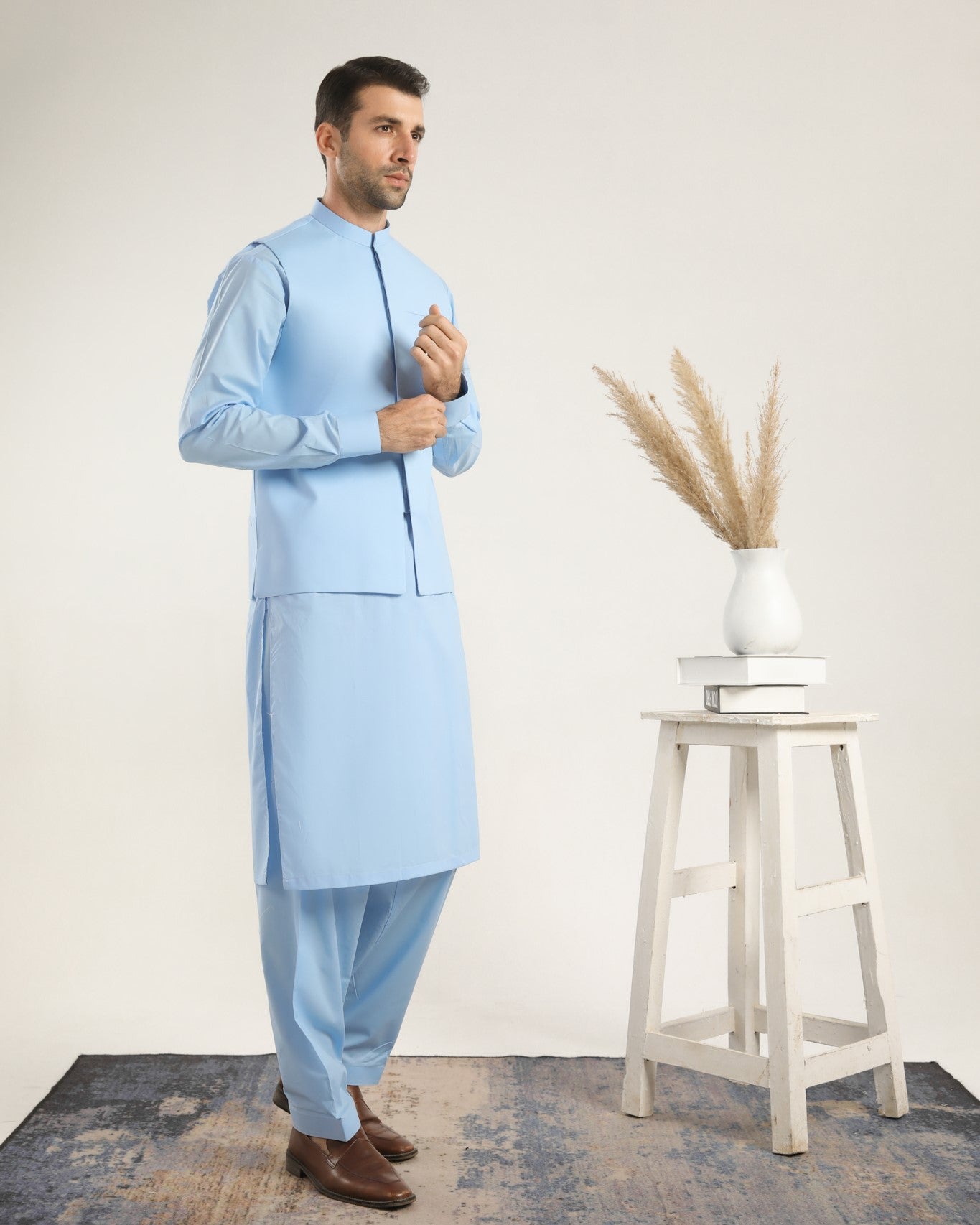 Sky Blue Cotton Waistcoat Kurta Shalwar (3-Piece) - Image 3