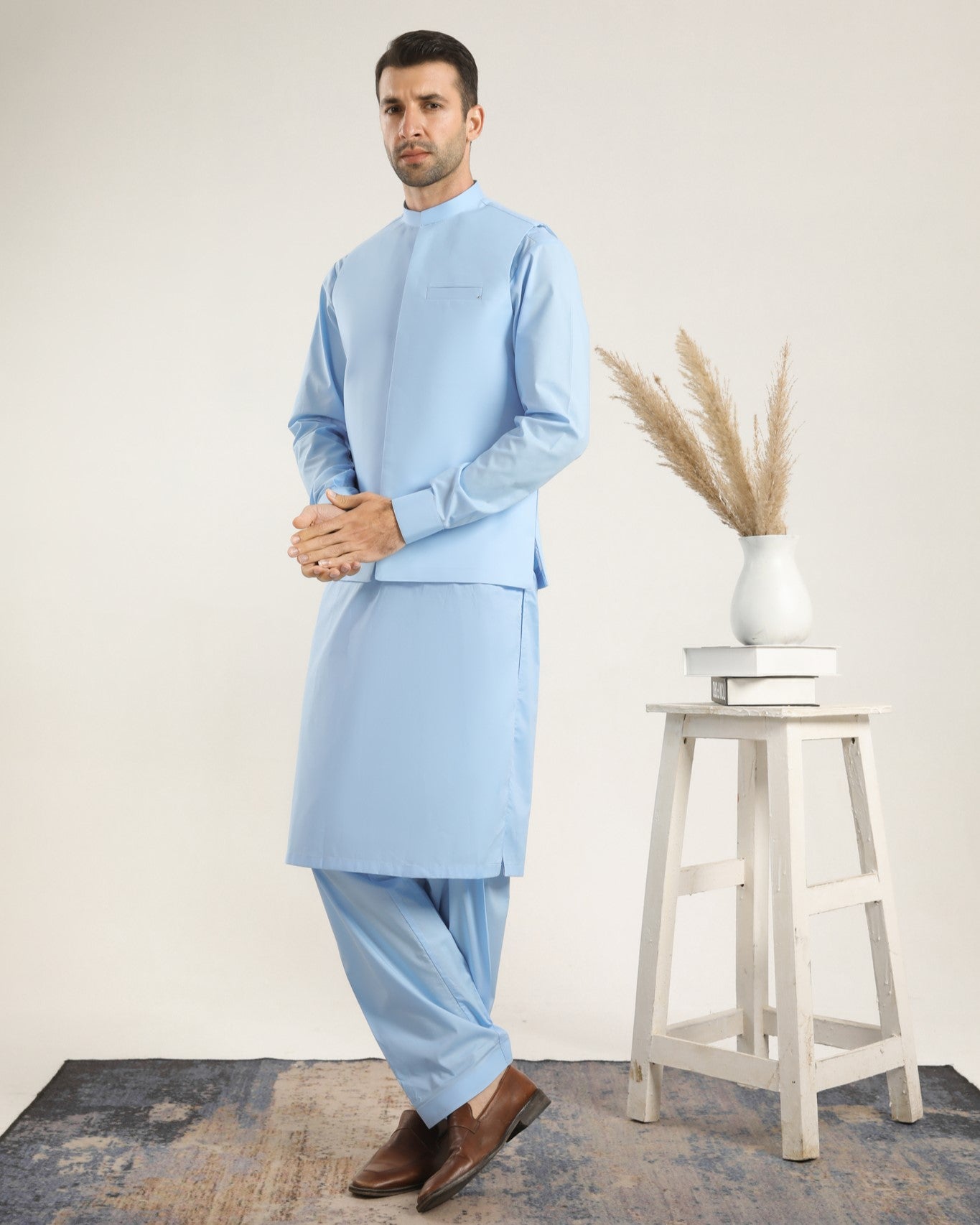 Sky Blue Cotton Waistcoat Kurta Shalwar (3-Piece) - Image 4