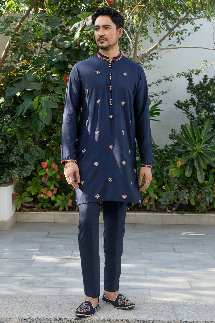 Deep Blue Embroidered Cotton Silk Waistcoat Kurta (3-Piece) - Image 1