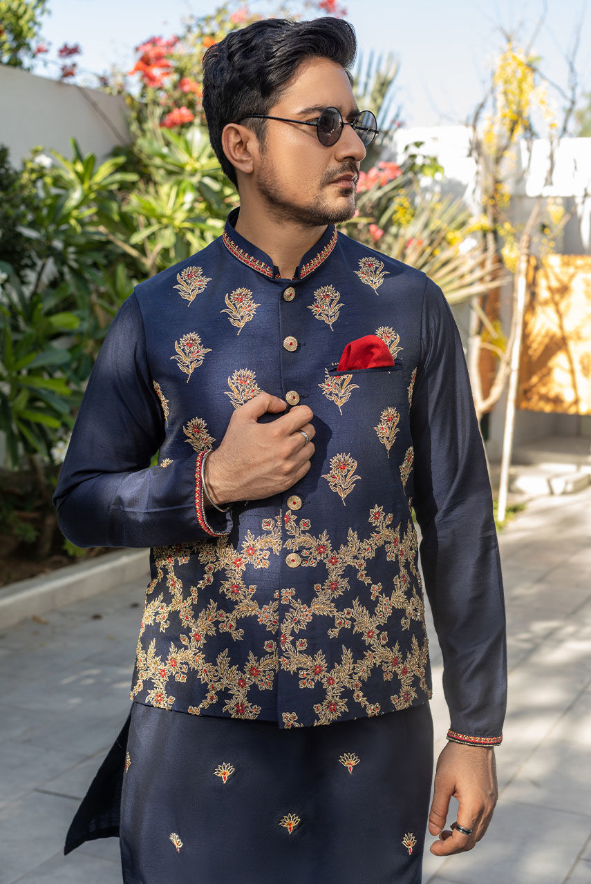 Deep Blue Embroidered Cotton Silk Waistcoat Kurta (3-Piece) - Image 6