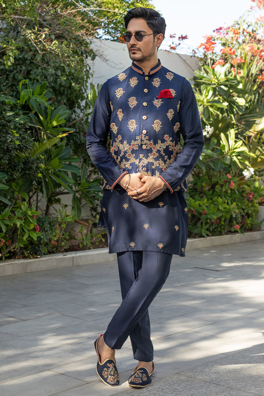 Deep Blue Embroidered Cotton Silk Waistcoat Kurta (3-Piece) - Image 7
