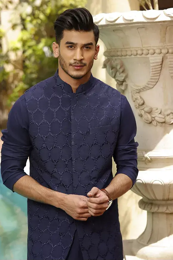 Indigo Embroidered Cotton-Silk Waistcoat Kurta (3-Piece) - Image 1
