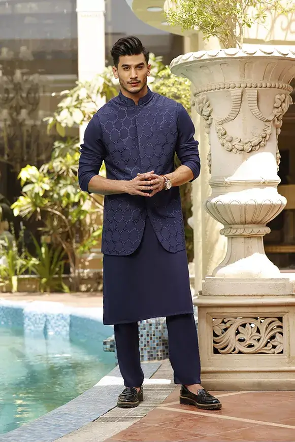 Indigo Embroidered Cotton-Silk Waistcoat Kurta (3-Piece) - Image 2