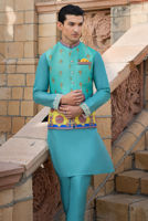 Sky Blue Embroidered Cotton Silk Waistcoat Kurta (3-Piece) - Image 4