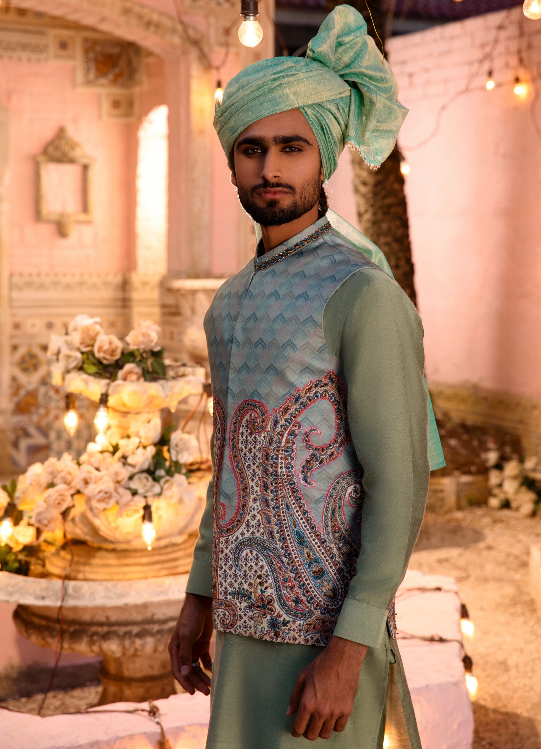 Sea Blue Hand Embroidered Cotton-Silk Waistcoat Kurta (3-Piece) - Image 1