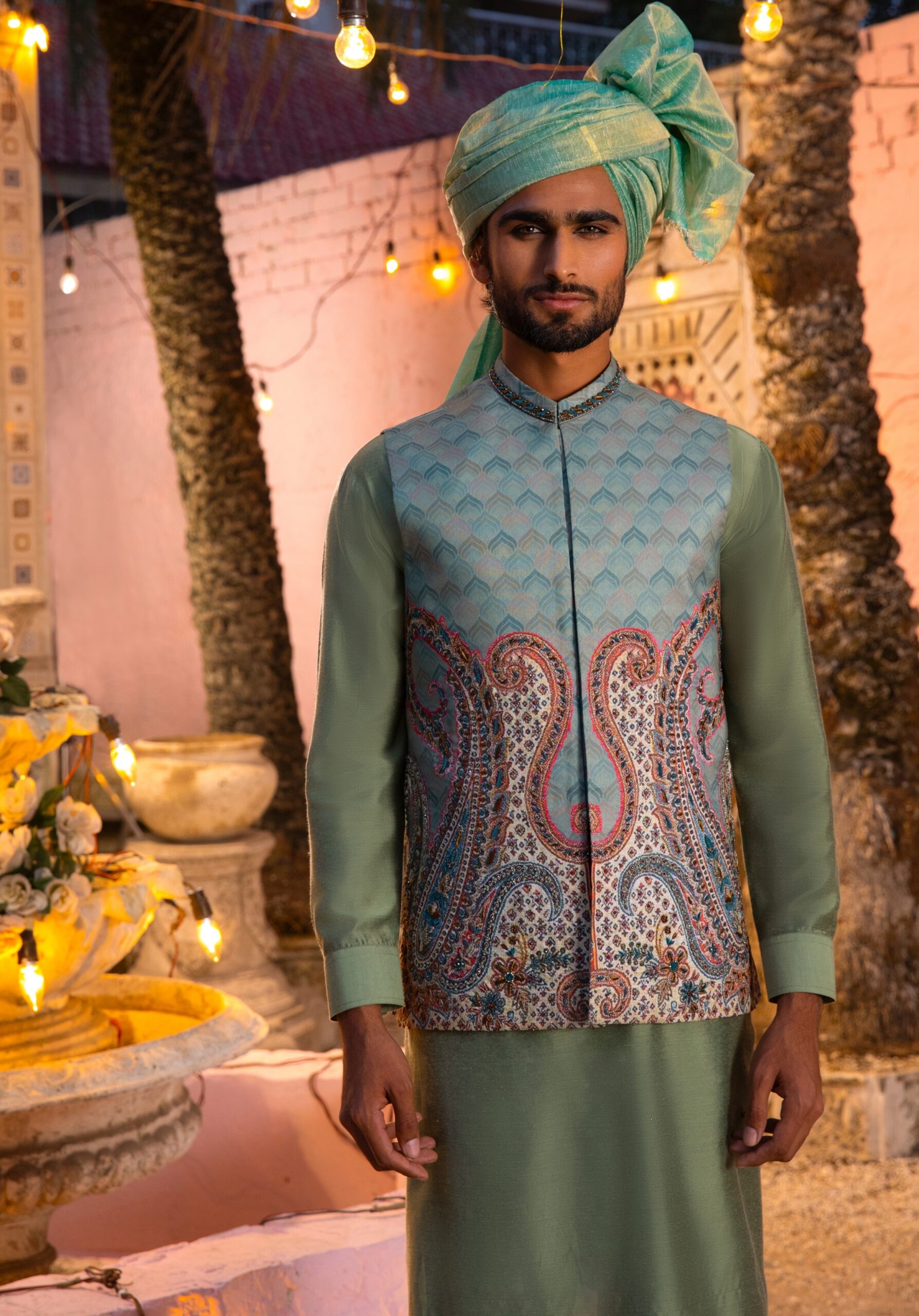 Sea Blue Hand Embroidered Cotton-Silk Waistcoat Kurta (3-Piece) - Image 2