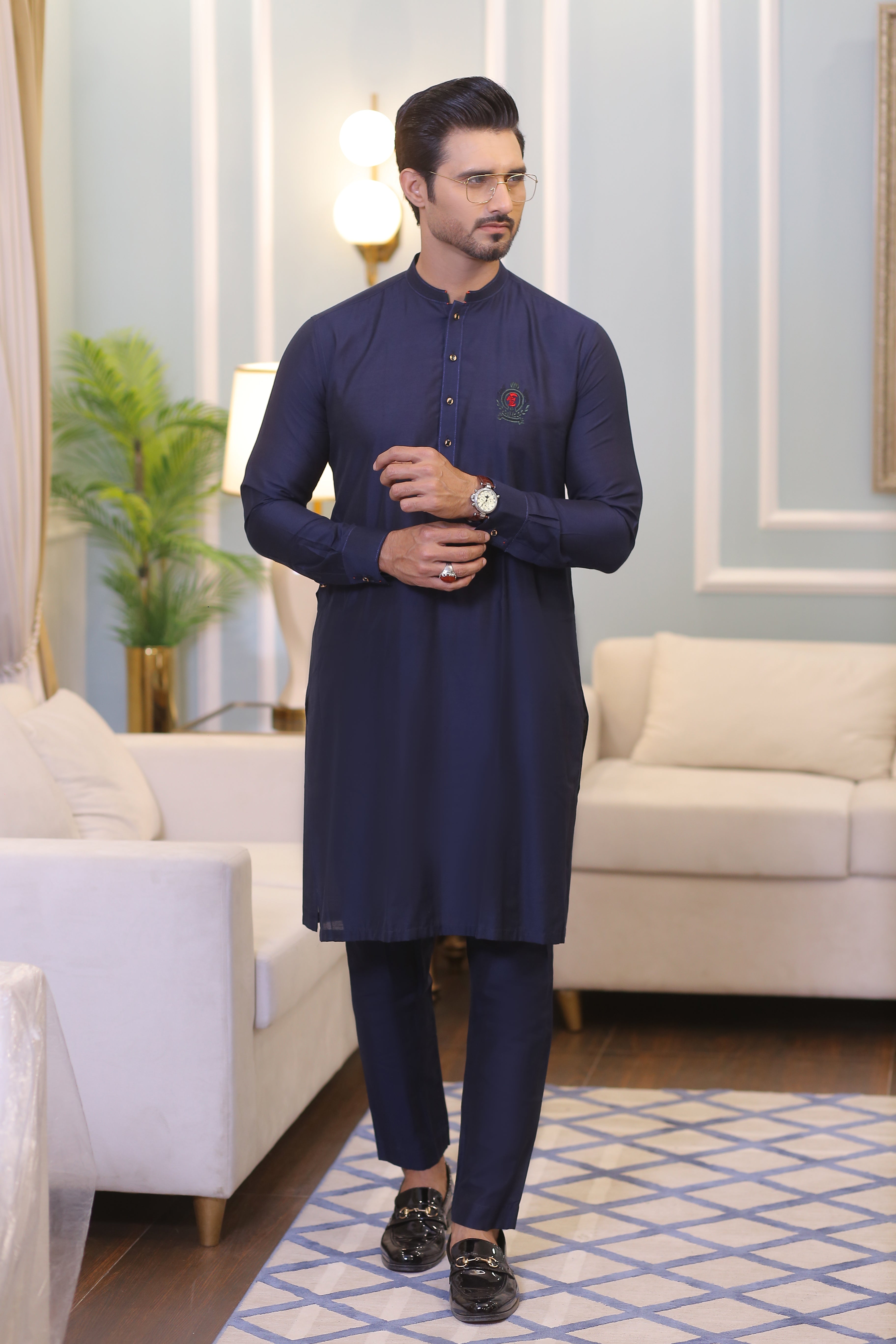Midnight Blue Embroidered Cotton-Silk Waistcoat Kurta (3-Piece) - Image 1