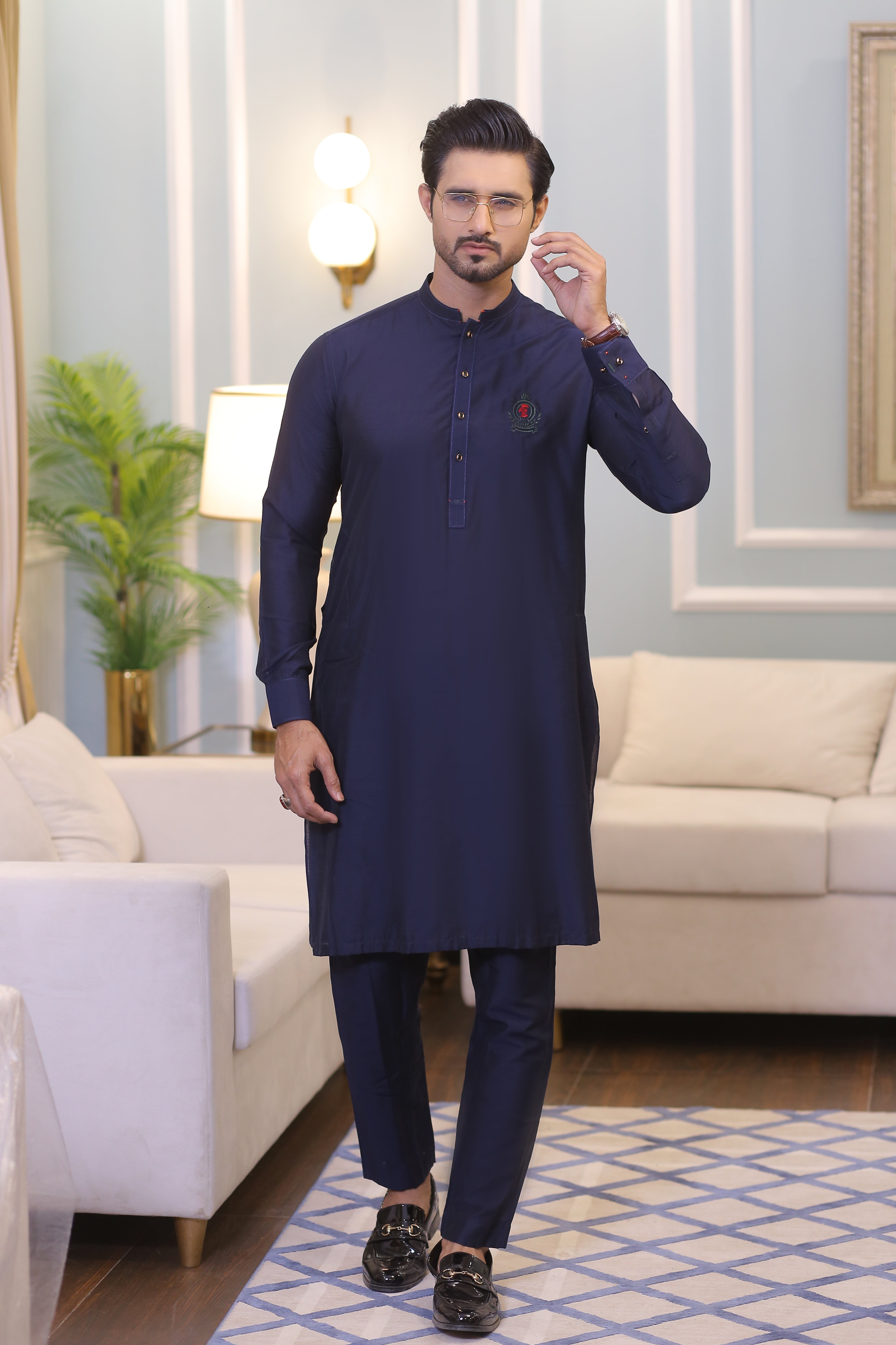 Midnight Blue Embroidered Cotton-Silk Waistcoat Kurta (3-Piece) - Image 2