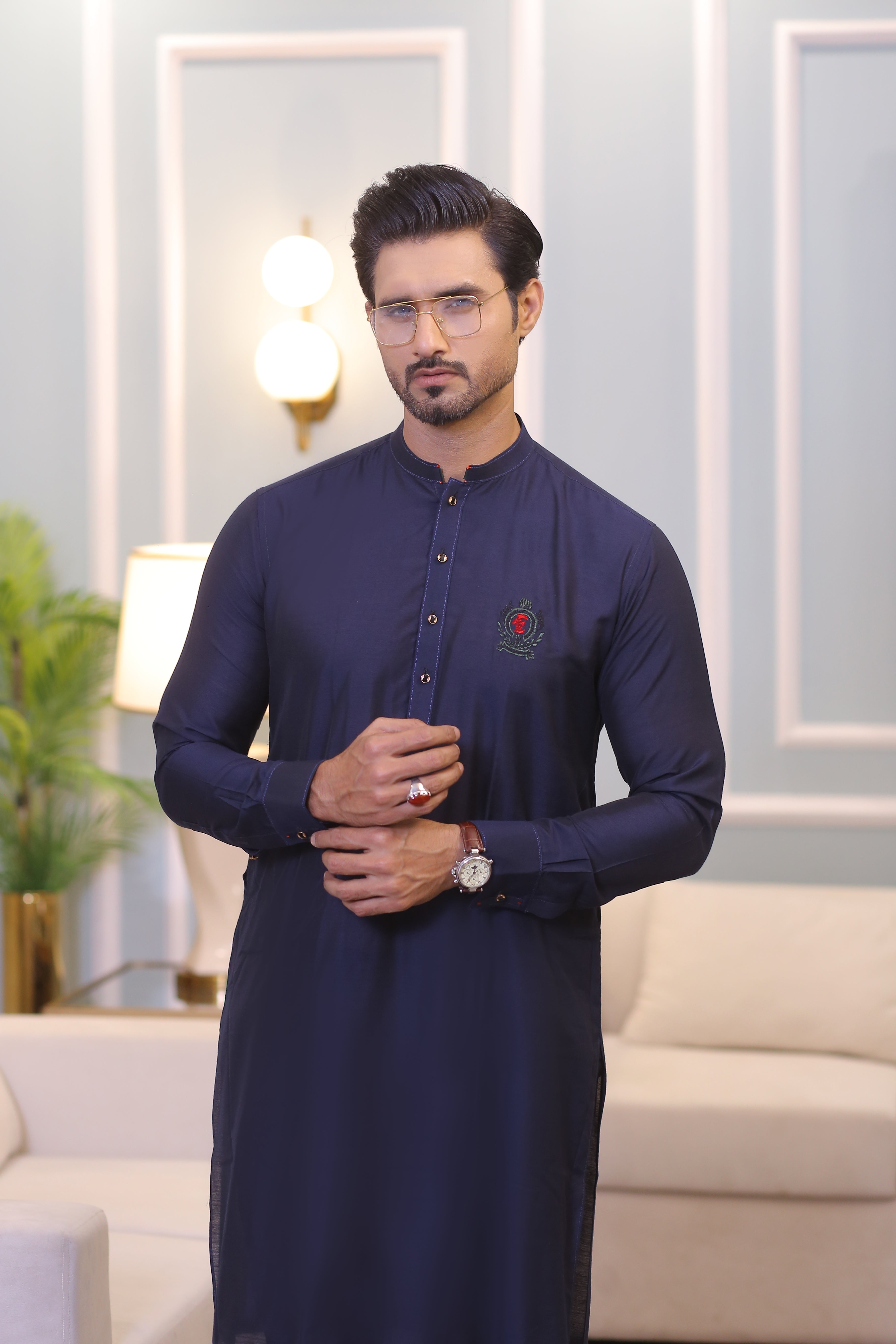 Midnight Blue Embroidered Cotton-Silk Waistcoat Kurta (3-Piece) - Image 3