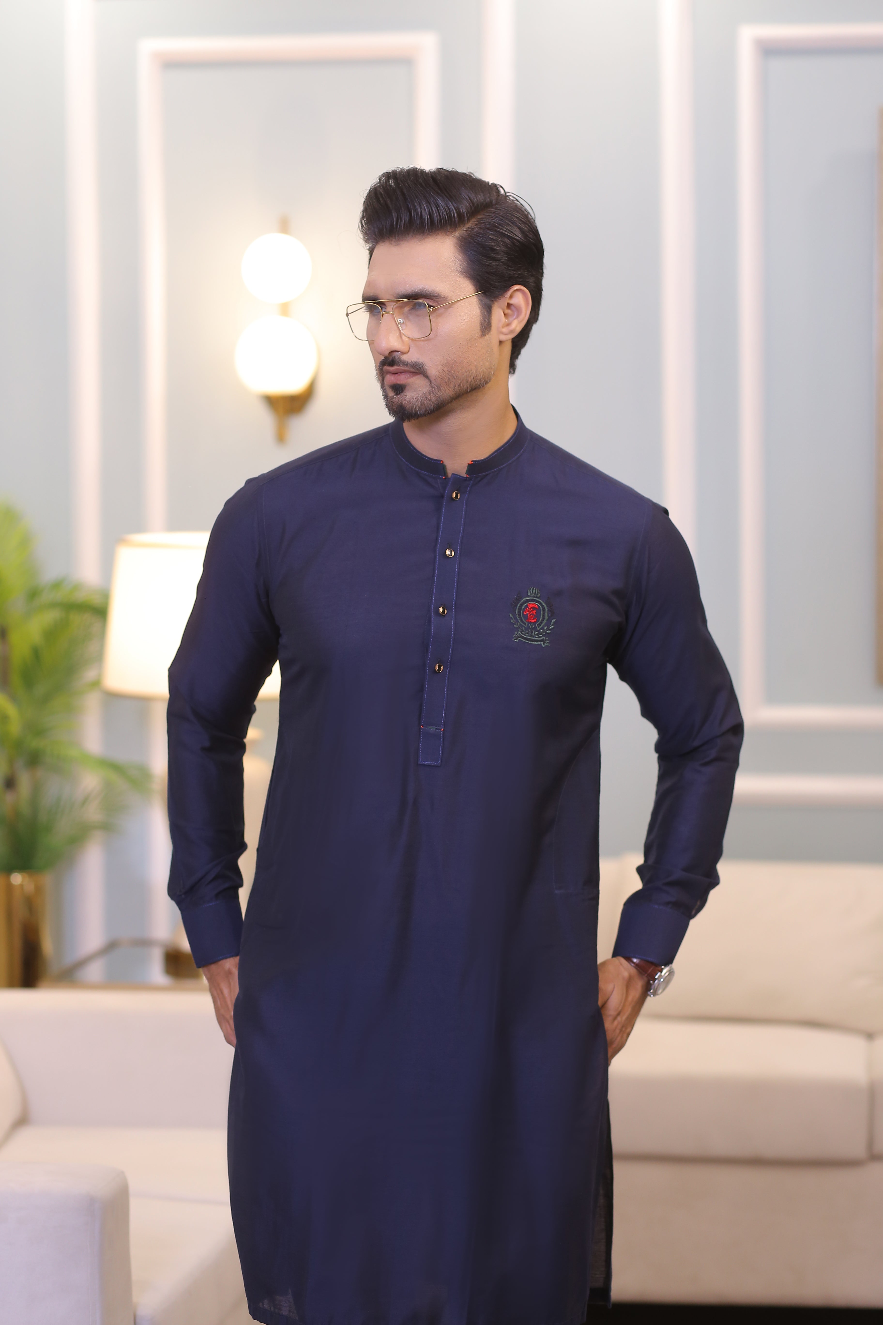 Midnight Blue Embroidered Cotton-Silk Waistcoat Kurta (3-Piece) - Image 4