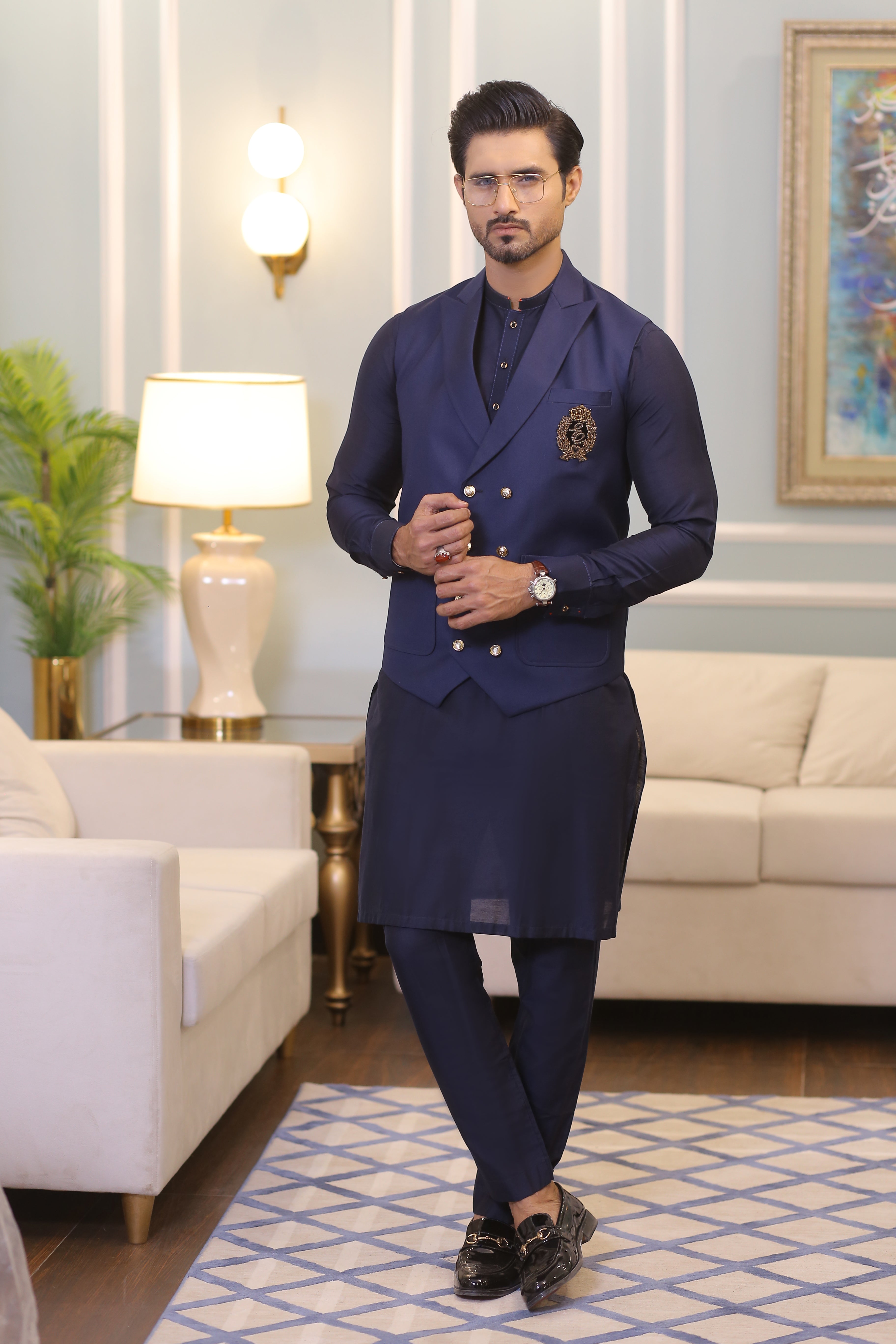 Midnight Blue Embroidered Cotton-Silk Waistcoat Kurta (3-Piece) - Image 5