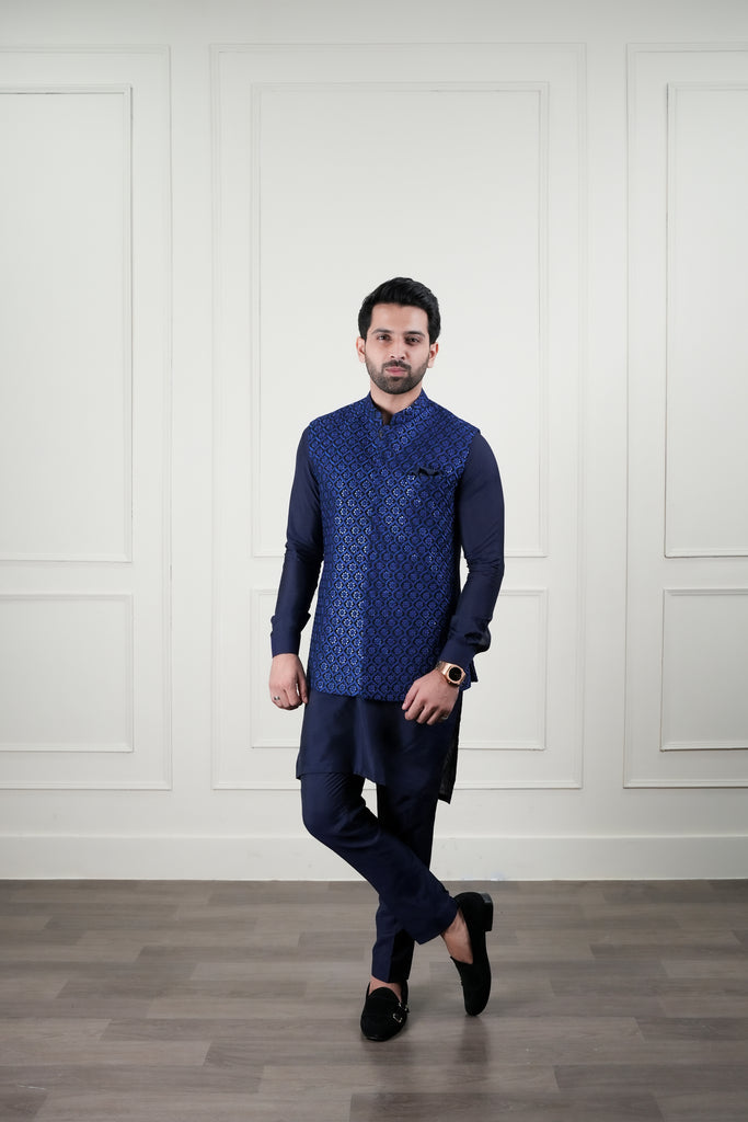 Deep Royal Blue Sequin Cotton Silk Waistcoat Kurta (3-Piece) - Image 1