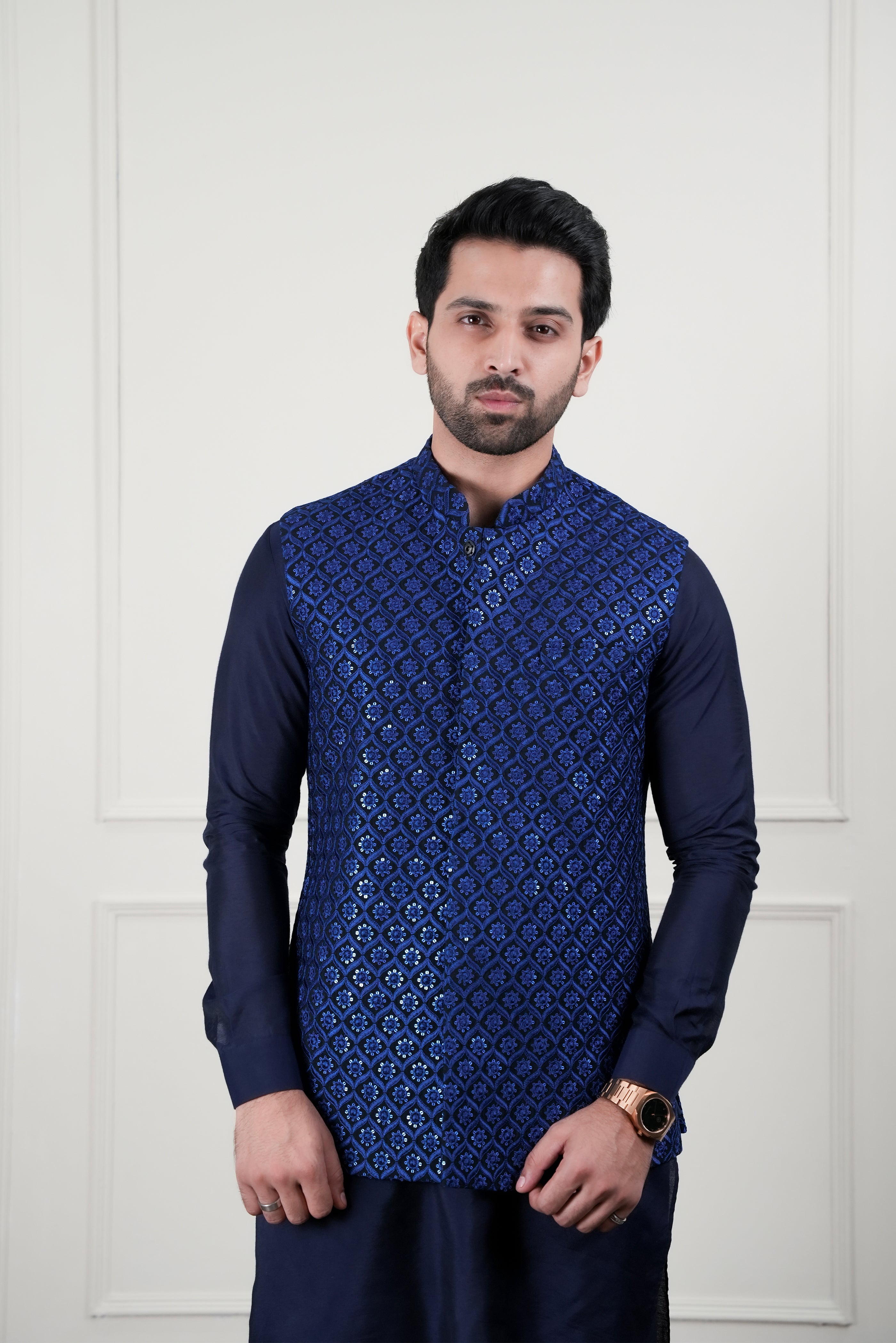 Deep Royal Blue Sequin Cotton Silk Waistcoat Kurta (3-Piece) - Image 3