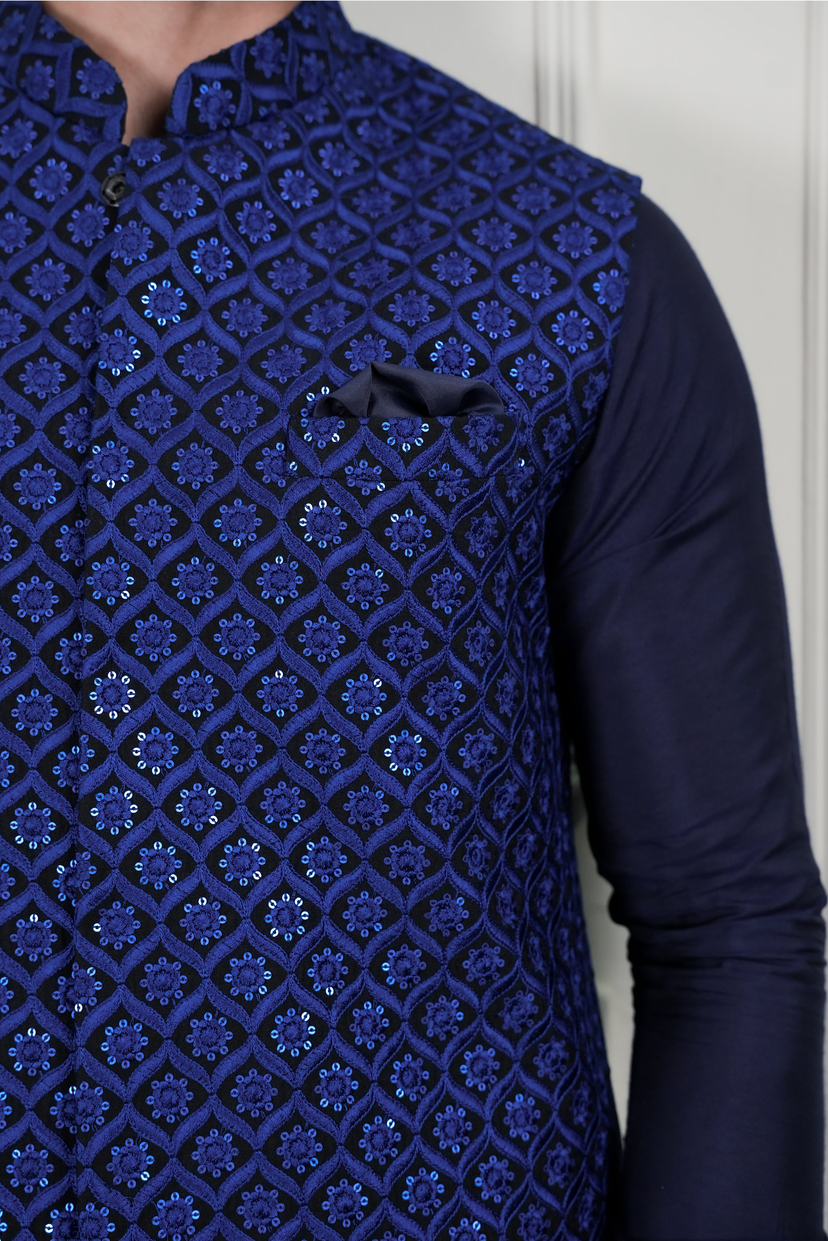 Deep Royal Blue Sequin Cotton Silk Waistcoat Kurta (3-Piece) - Image 4