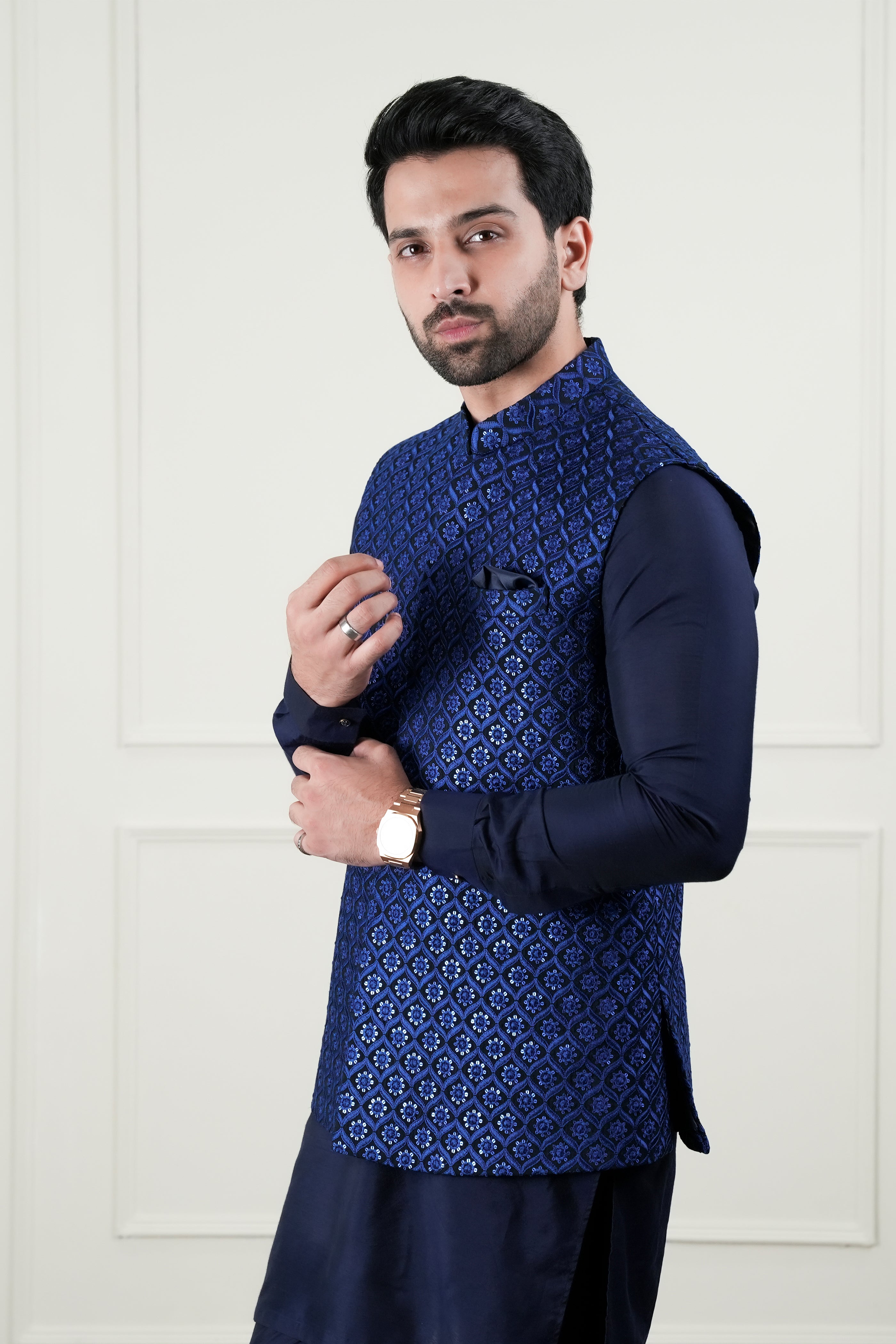 Deep Royal Blue Sequin Cotton Silk Waistcoat Kurta (3-Piece) - Image 6
