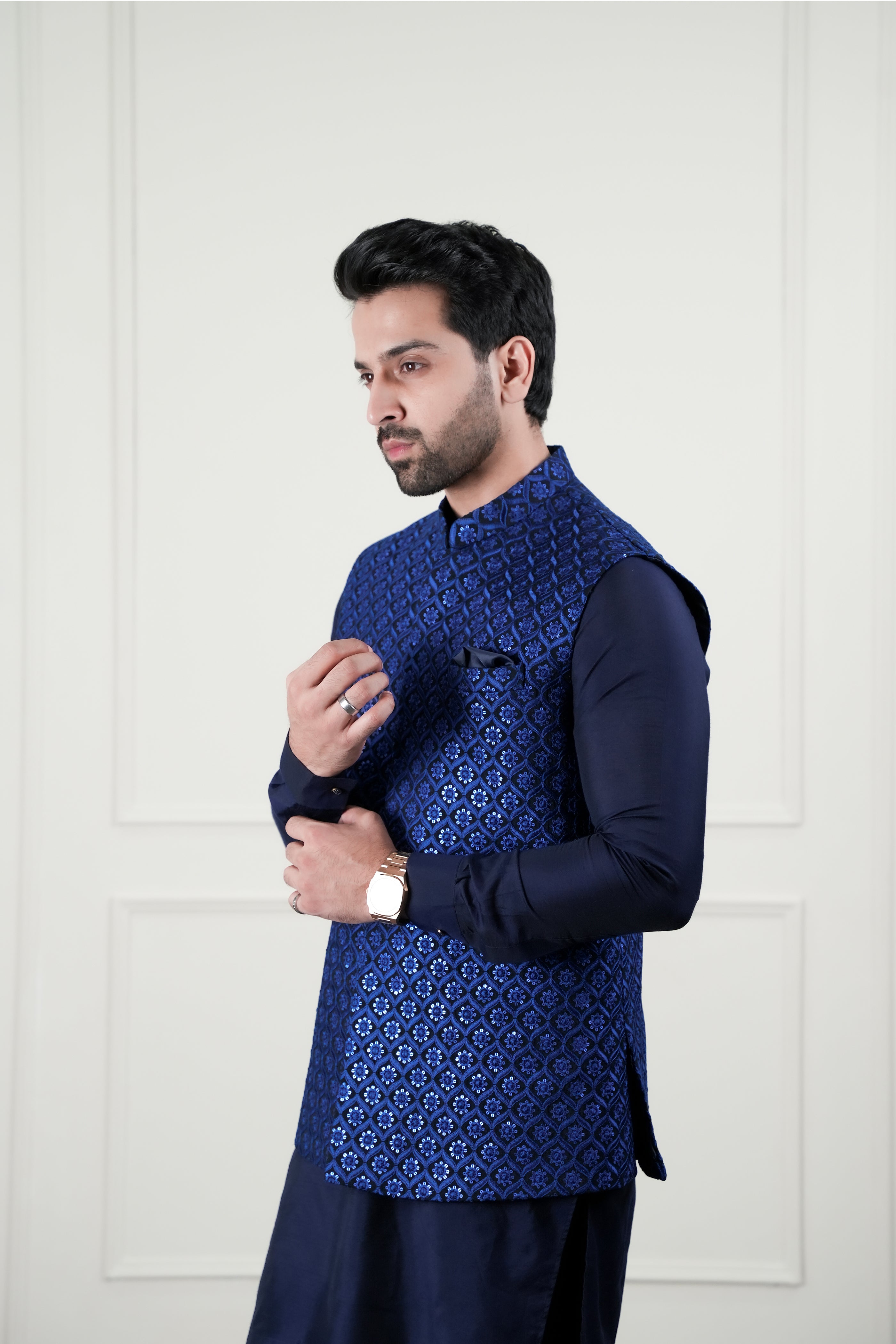 Deep Royal Blue Sequin Cotton Silk Waistcoat Kurta (3-Piece) - Image 7