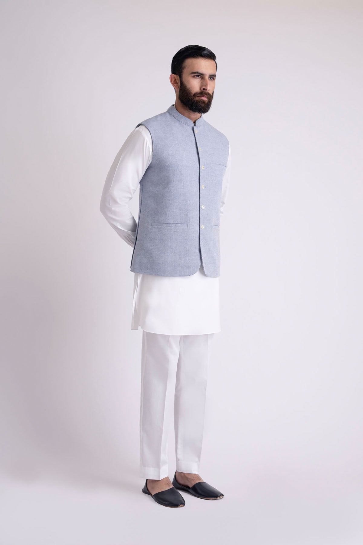 Sky Blue Cotton Waistcoat Kurta Set (3-Piece) - Image 1