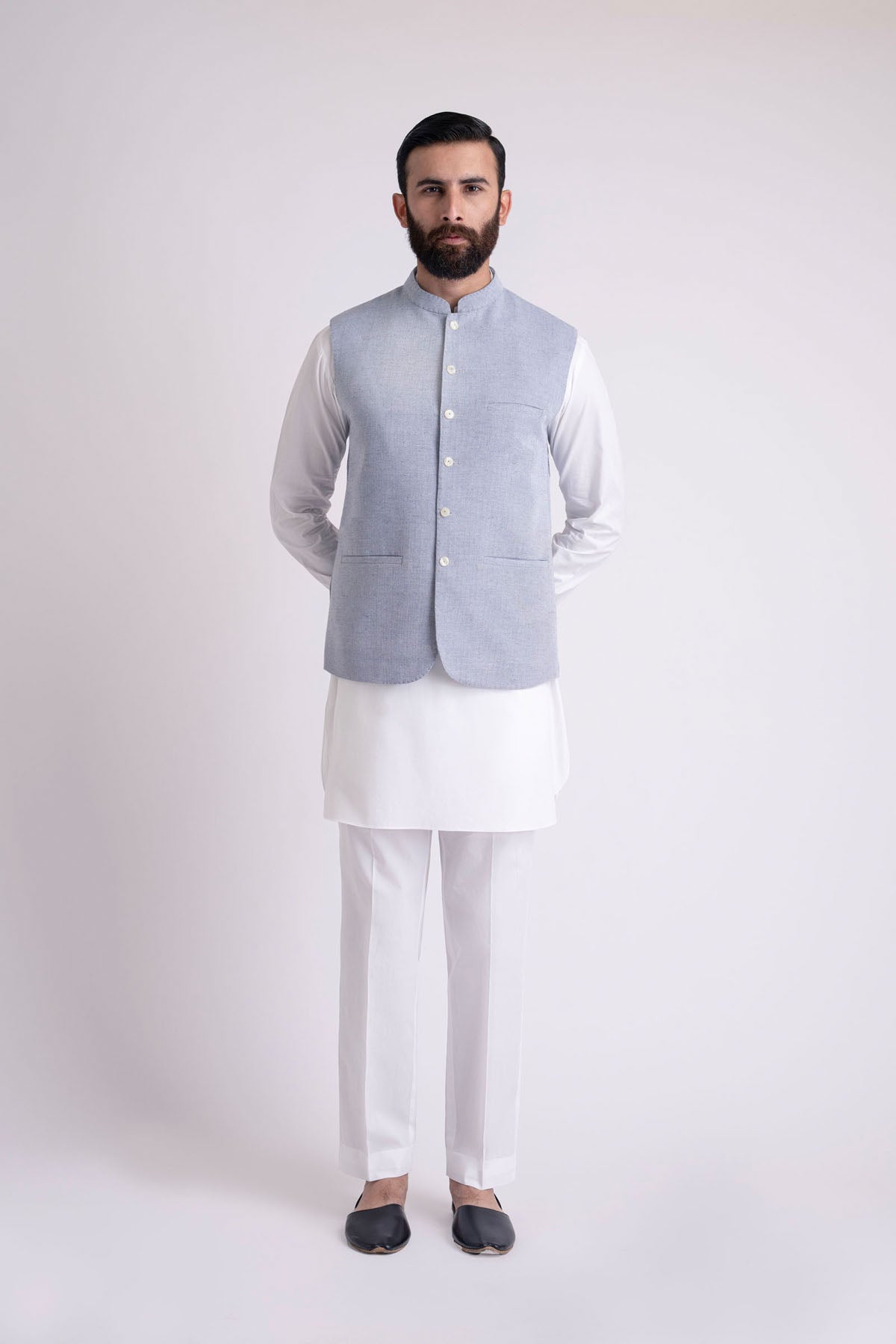 Sky Blue Cotton Waistcoat Kurta Set (3-Piece) - Image 3