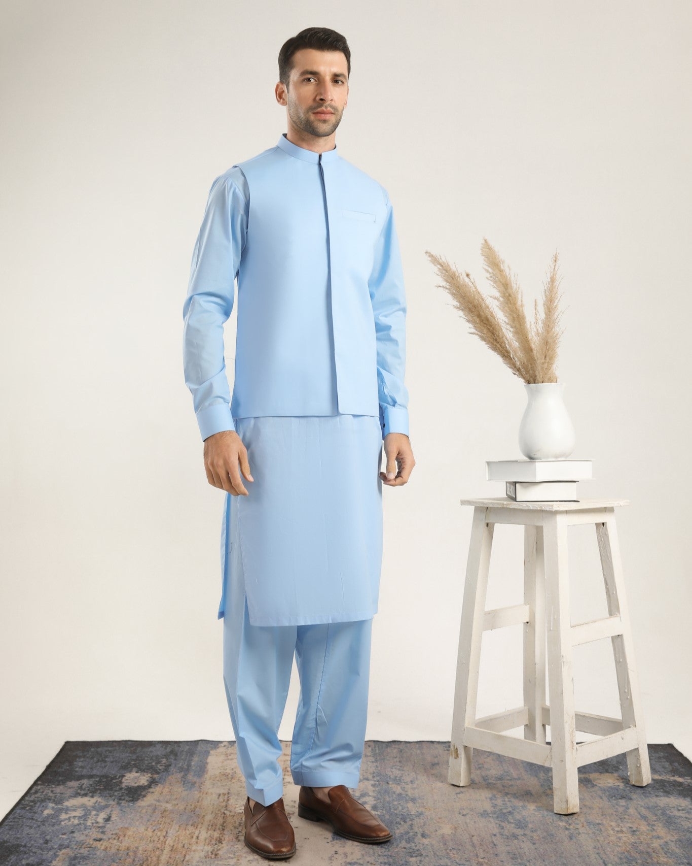 Sky Blue Cotton Waistcoat Kurta Set (3-Piece) - Image 3