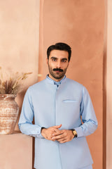 Azure Blue Luxury Cotton Waistcoat Kurta Set (3-Piece) - Image 2