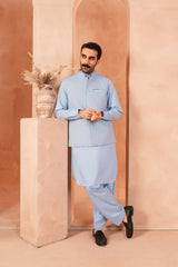 Azure Blue Luxury Cotton Waistcoat Kurta Set (3-Piece) - Image 3