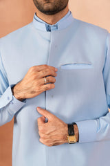 Azure Blue Luxury Cotton Waistcoat Kurta Set (3-Piece) - Image 4