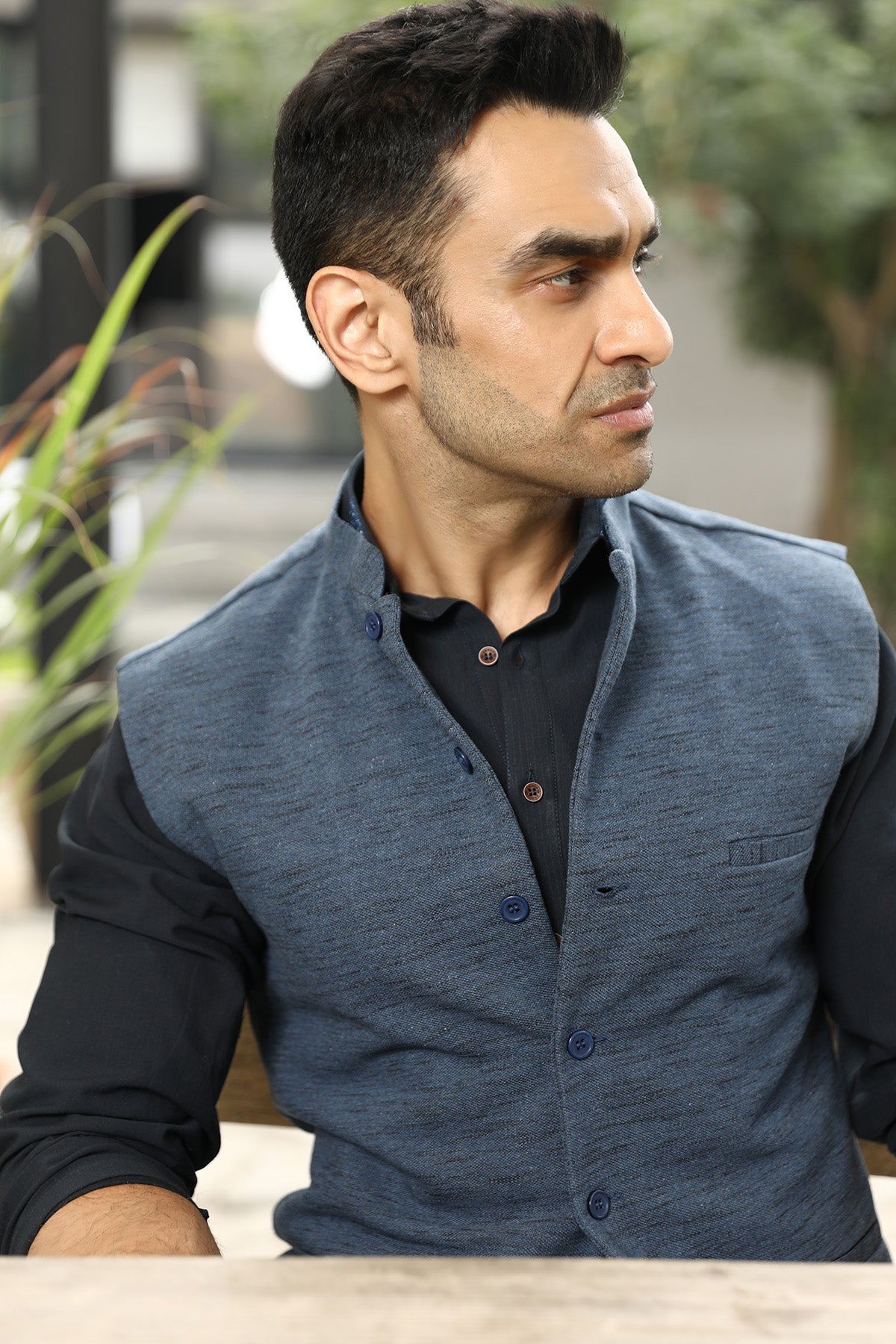 Slate Blue Textured Weave Waistcoat (1-Pc) - Image 3