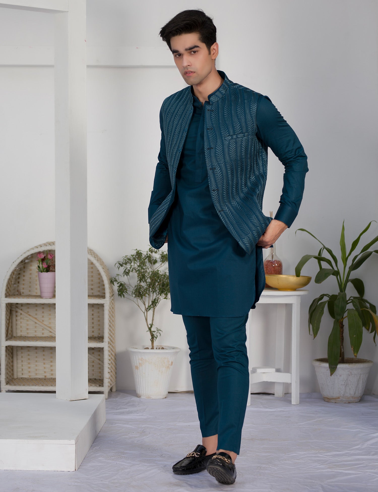 Deep Blue Embroidered Cotton Waistcoat Kurta (3-Piece) - Image 1
