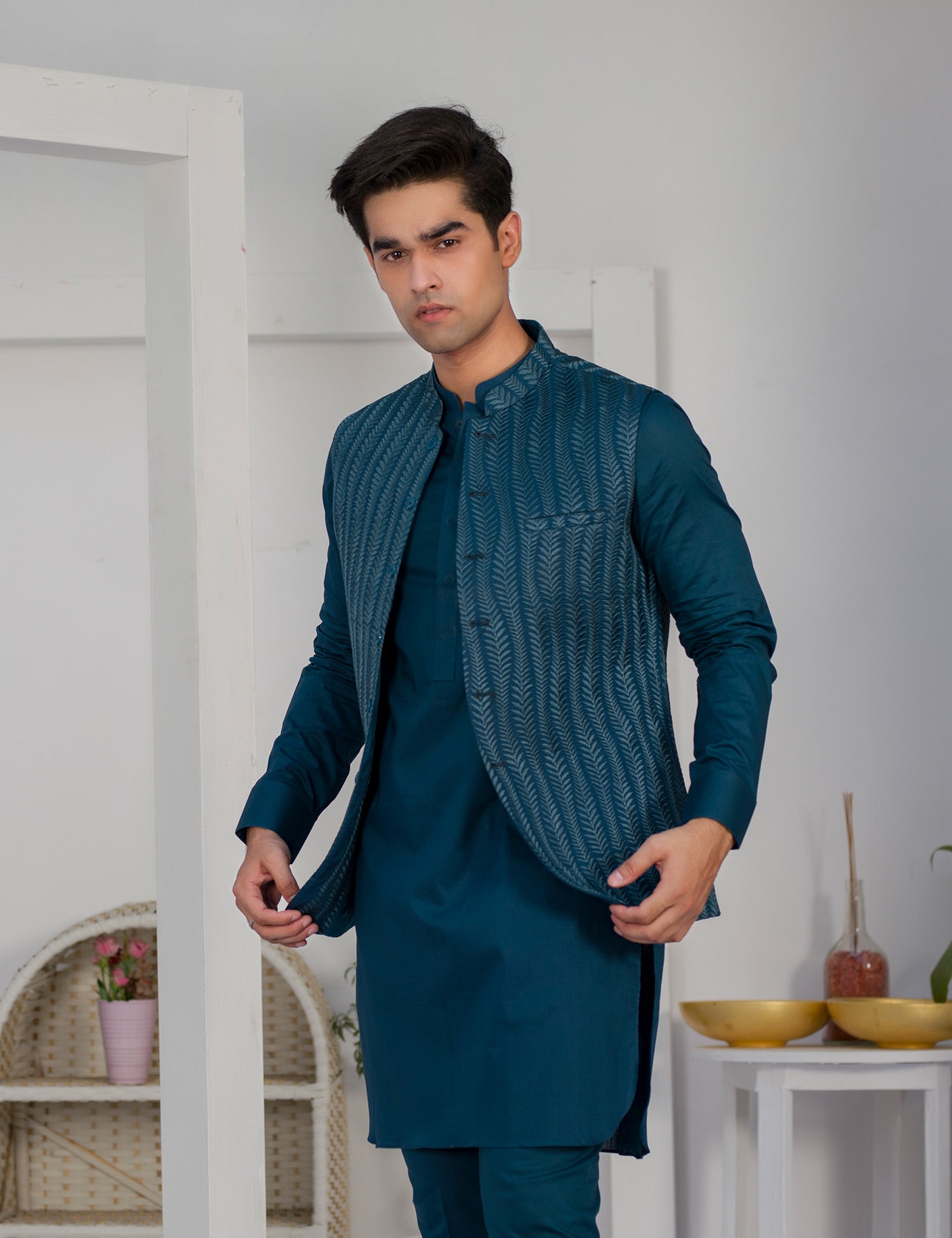 Deep Blue Embroidered Cotton Waistcoat Kurta (3-Piece) - Image 4