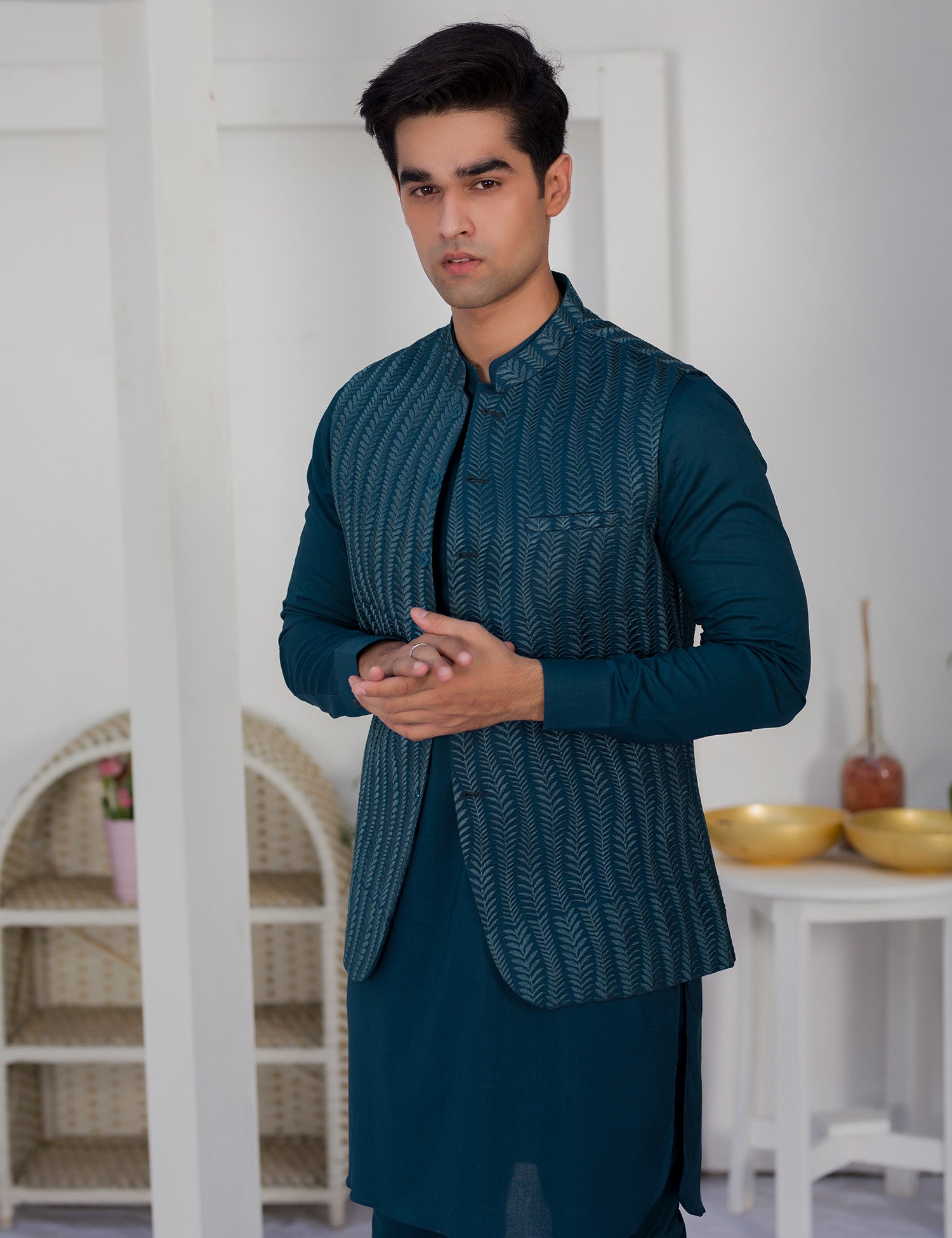Deep Blue Embroidered Cotton Waistcoat Kurta (3-Piece) - Image 5